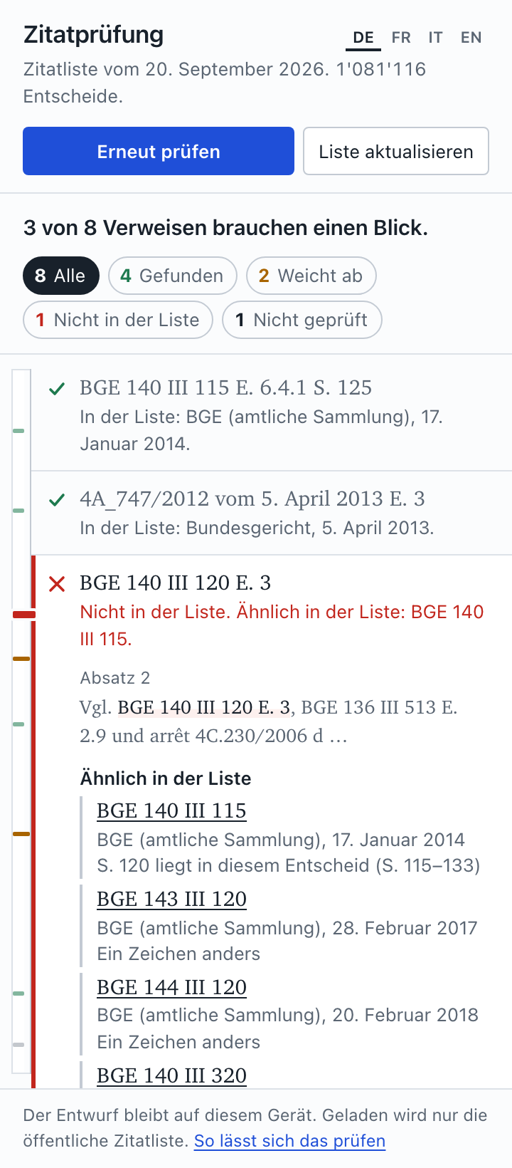 The citecheck pane after a check